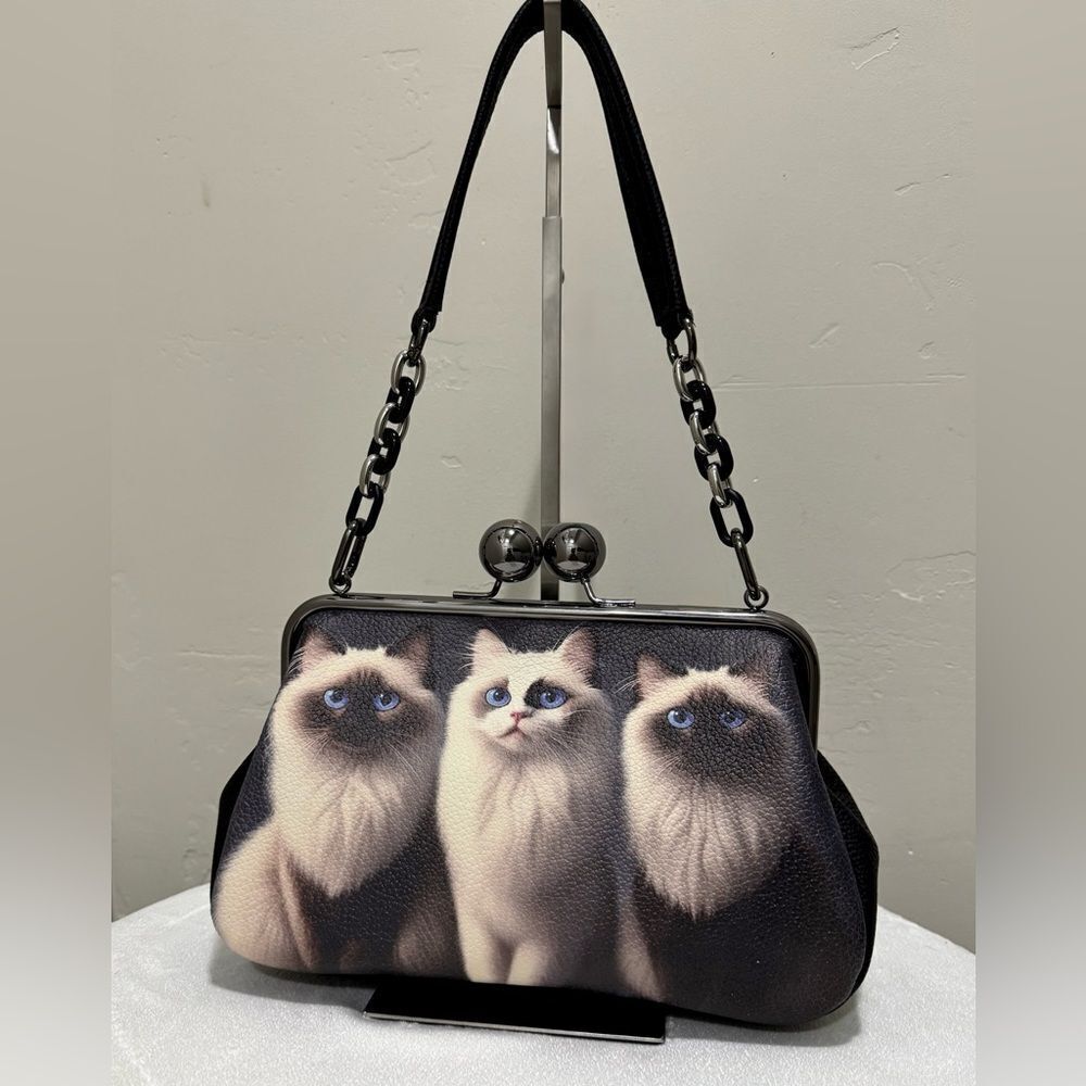 Unique Cats Print Pebble Cowhide Handmade Large Ball Kisslock Handbag, Multi Use - Picture 7 of 16